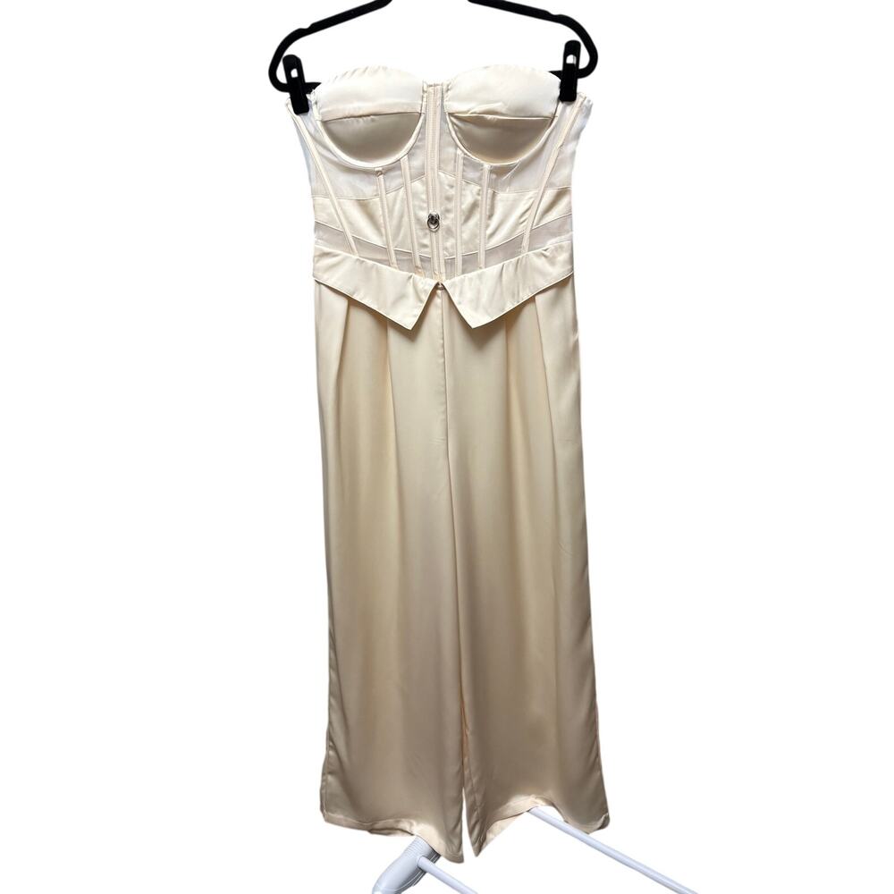 NWOT-L-Champagne Satin/Mesh Strapless Corset Jumpsuit